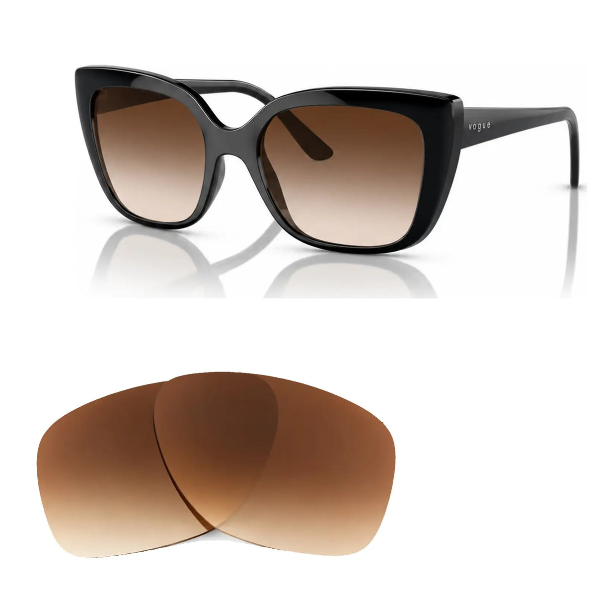 Vogue VO5337S replacement lenses in gradient brown, angled view of the frame with the pair of lenses below · ReFramed
