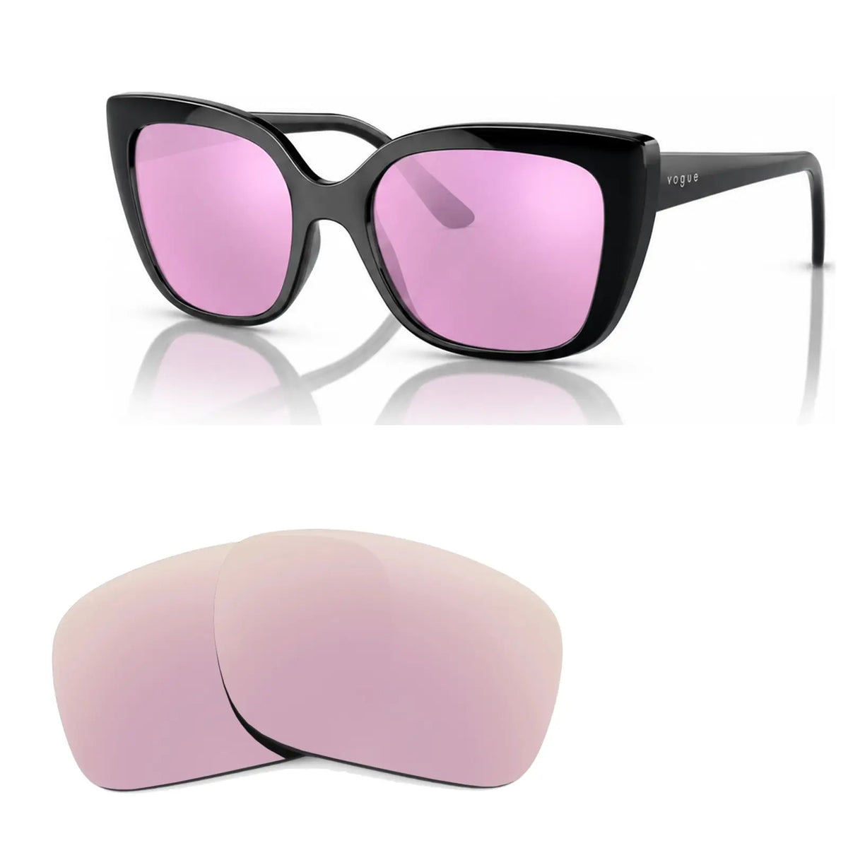 Vogue VO5337S replacement lenses in mirrored pink, angled view of the frame with the pair of lenses below · ReFramed