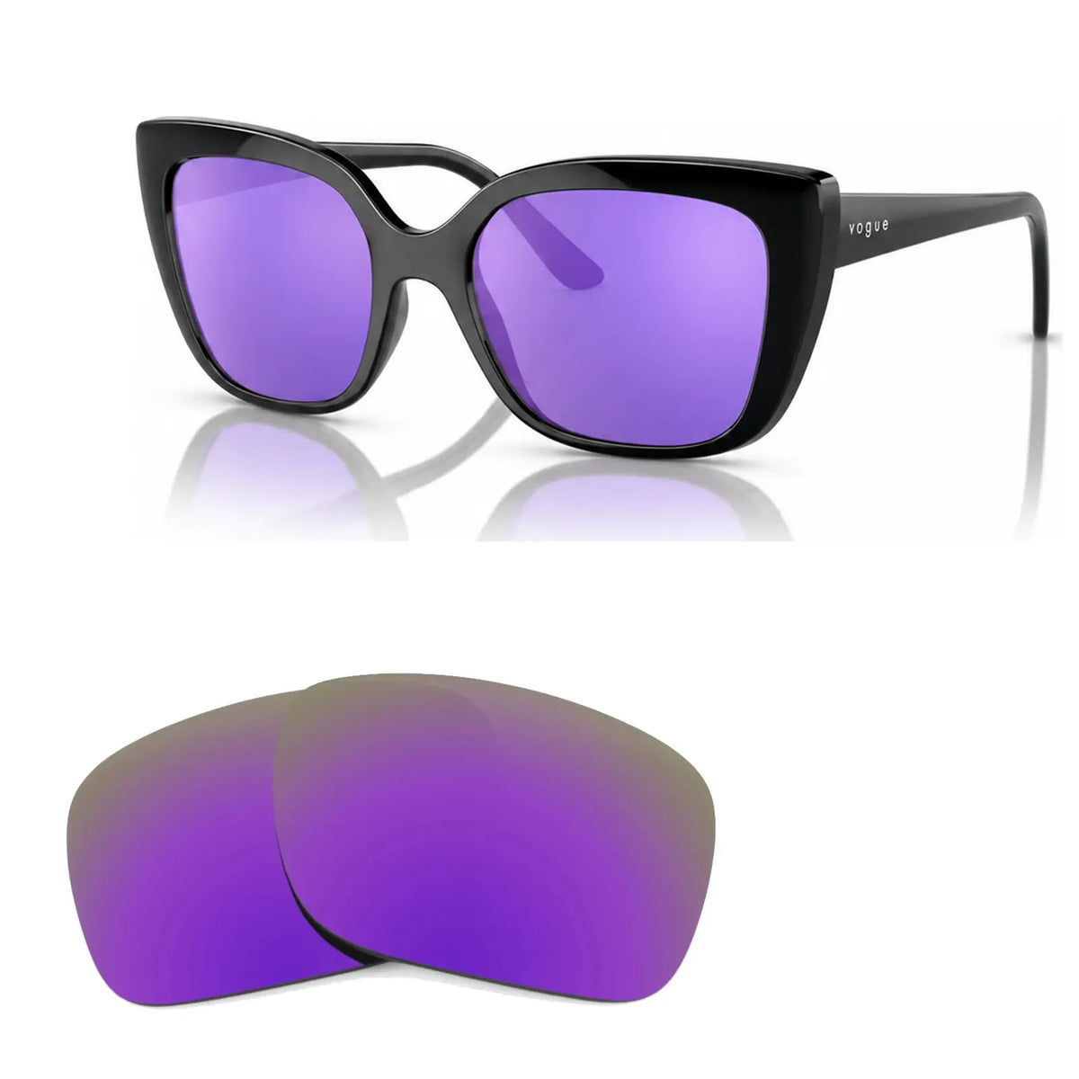 Vogue VO5337S replacement lenses in mirrored purple, angled view of the frame with the pair of lenses below · ReFramed