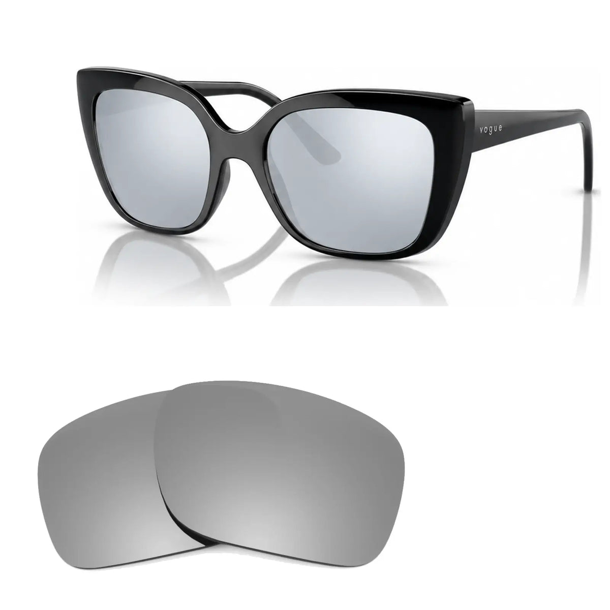 Vogue VO5337S replacement lenses in mirrored silver, angled view of the frame with the pair of lenses below · ReFramed