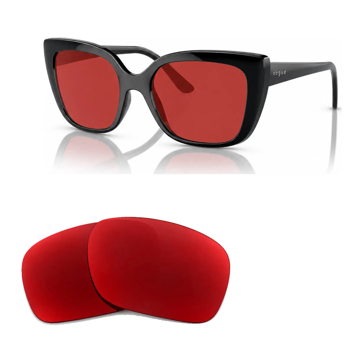 Vogue VO5337S replacement lenses in red, angled view of the frame with the pair of lenses below · ReFramed