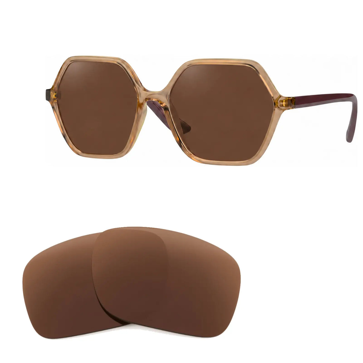 Vogue VO5361S replacement lenses in brown, angled view of the frame with the pair of lenses below · ReFramed