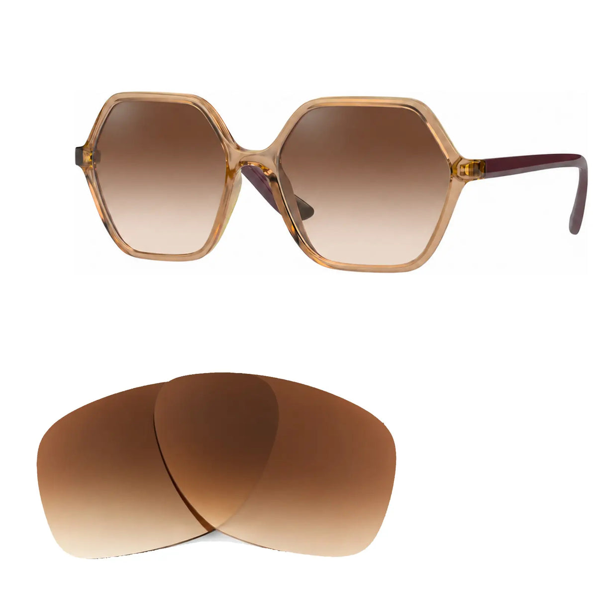 Vogue VO5361S replacement lenses in gradient brown, angled view of the frame with the pair of lenses below · ReFramed