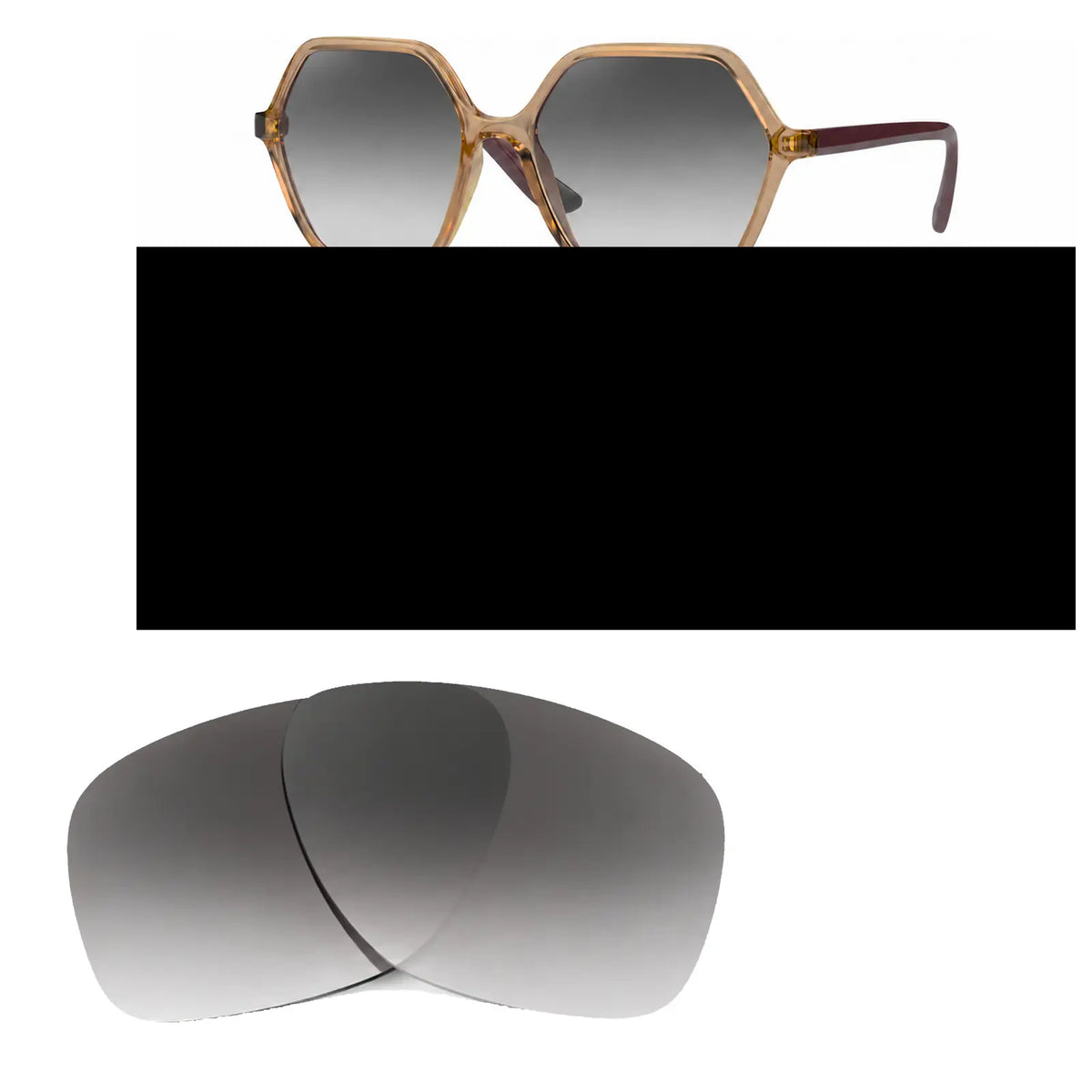 Vogue VO5361S replacement lenses in gradient gray, angled view of the frame with the pair of lenses below · ReFramed