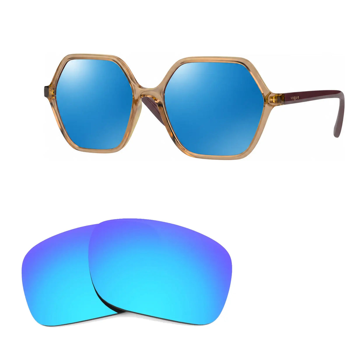 Vogue VO5361S replacement lenses in mirrored blue, angled view of the frame with the pair of lenses below · ReFramed