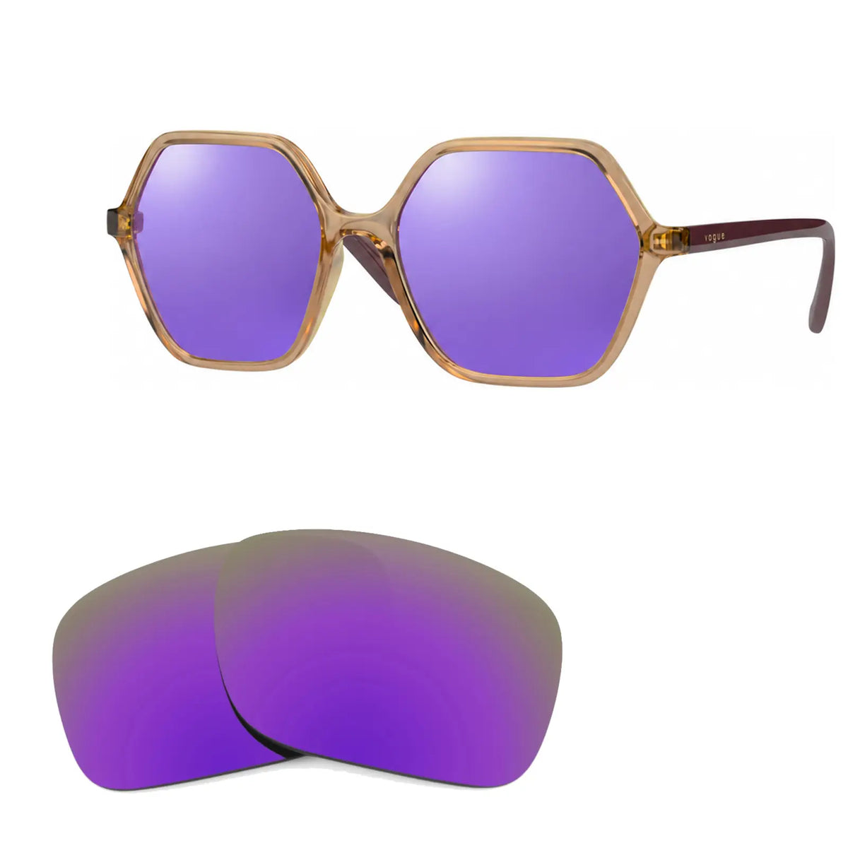 Vogue VO5361S replacement lenses in mirrored purple, angled view of the frame with the pair of lenses below · ReFramed