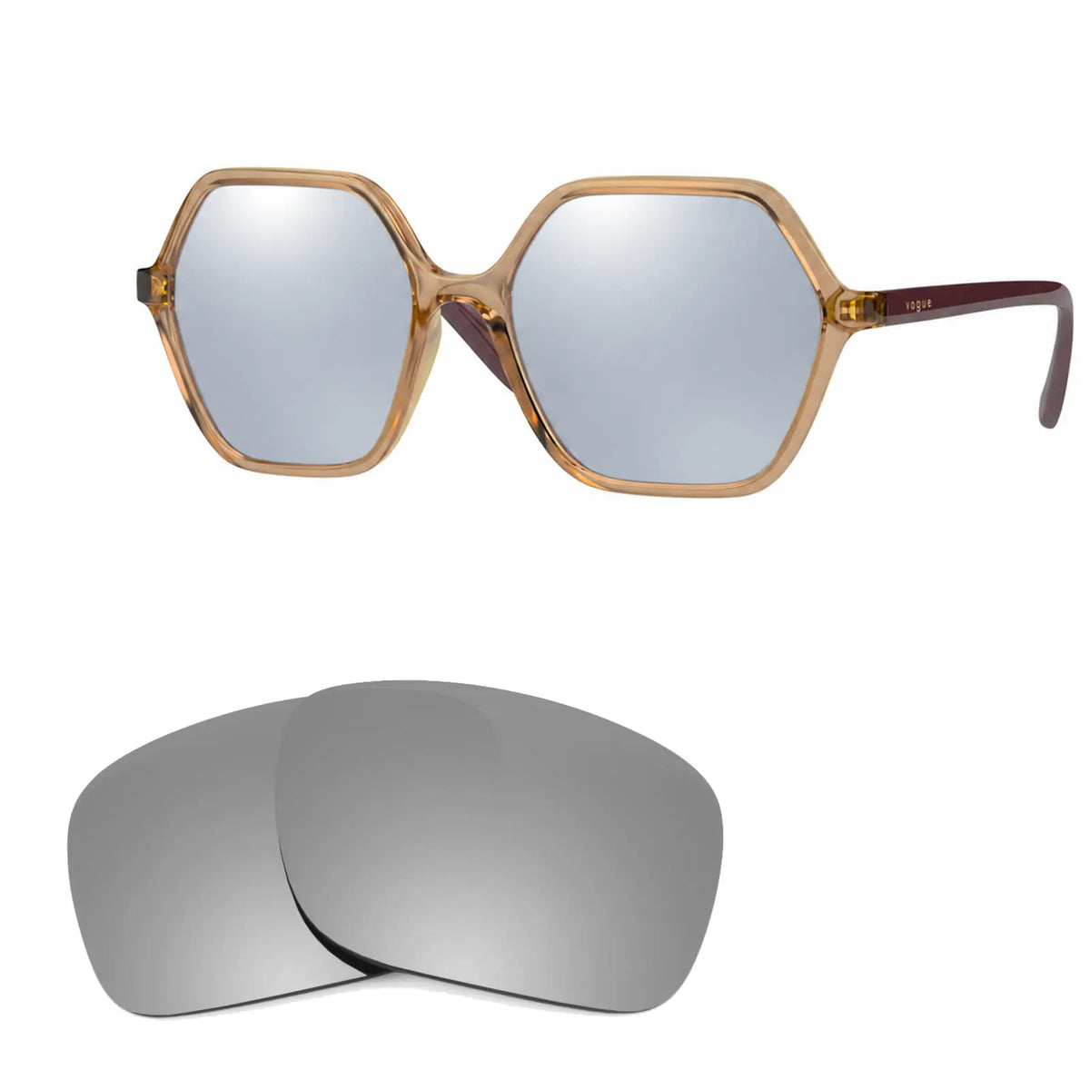 Vogue VO5361S replacement lenses in mirrored silver, angled view of the frame with the pair of lenses below · ReFramed
