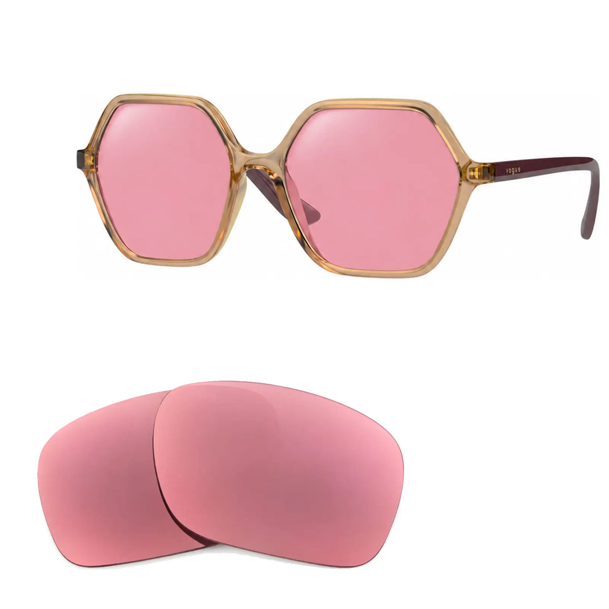 Vogue VO5361S replacement lenses in pink, angled view of the frame with the pair of lenses below · ReFramed