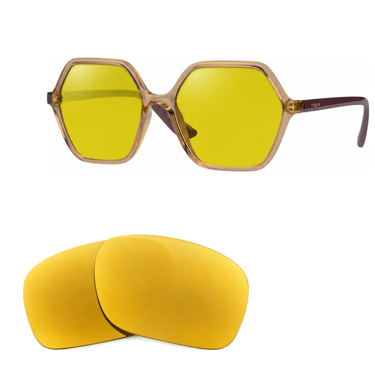 Vogue VO5361S replacement lenses in yellow, angled view of the frame with the pair of lenses below · ReFramed