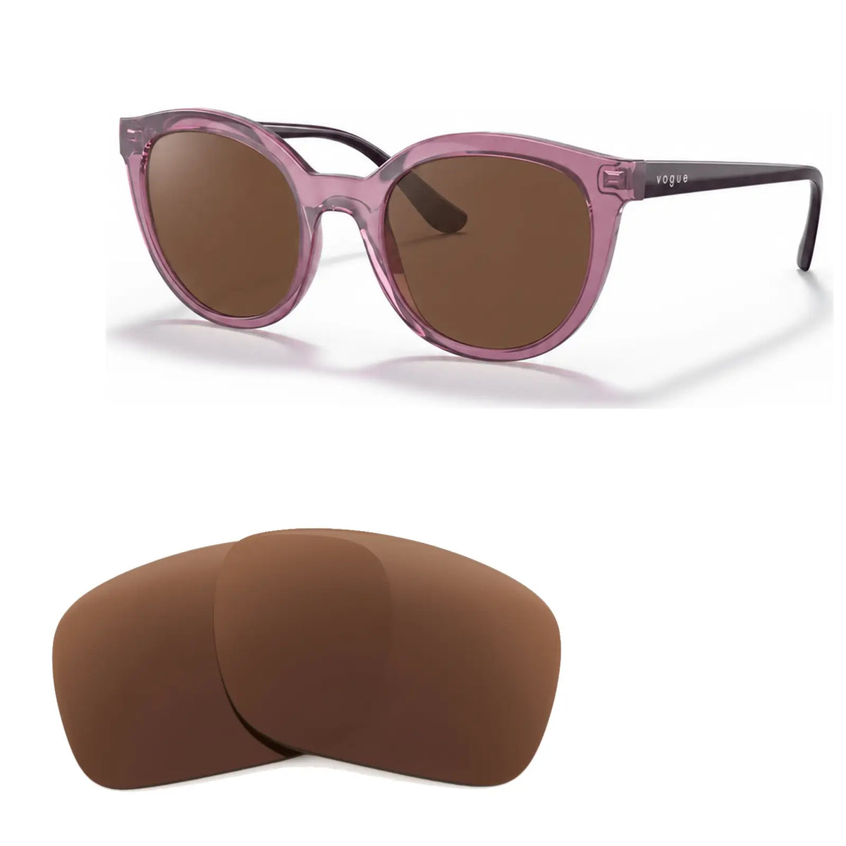 Vogue VO5427S replacement lenses in brown, angled view of the frame with the pair of lenses below · ReFramed