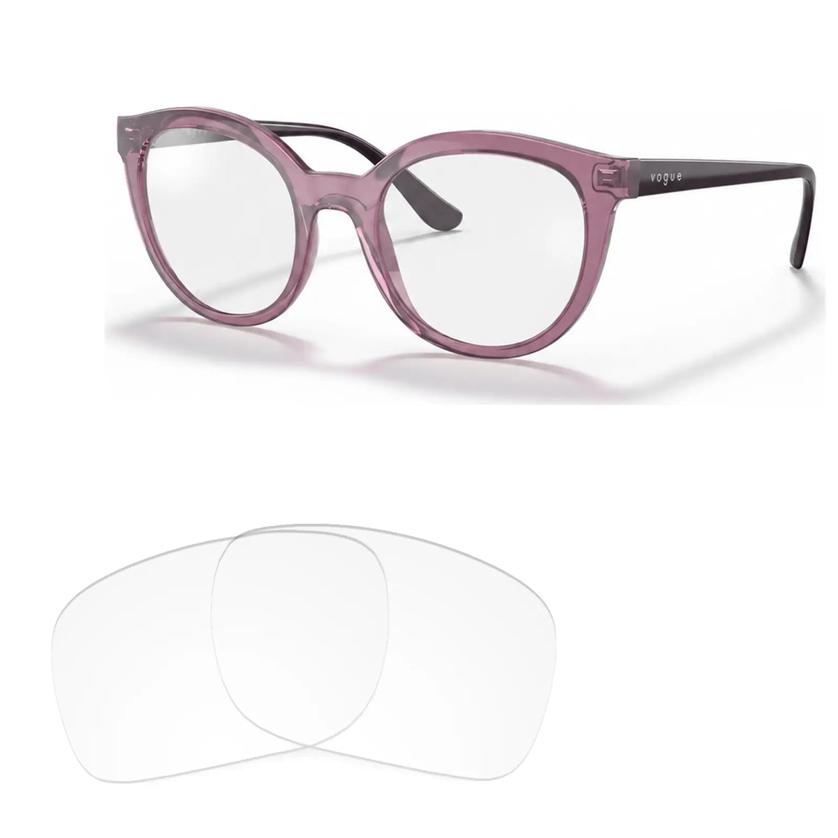Vogue VO5427S replacement lenses in crystal clear, angled view of the frame with the pair of lenses below · ReFramed