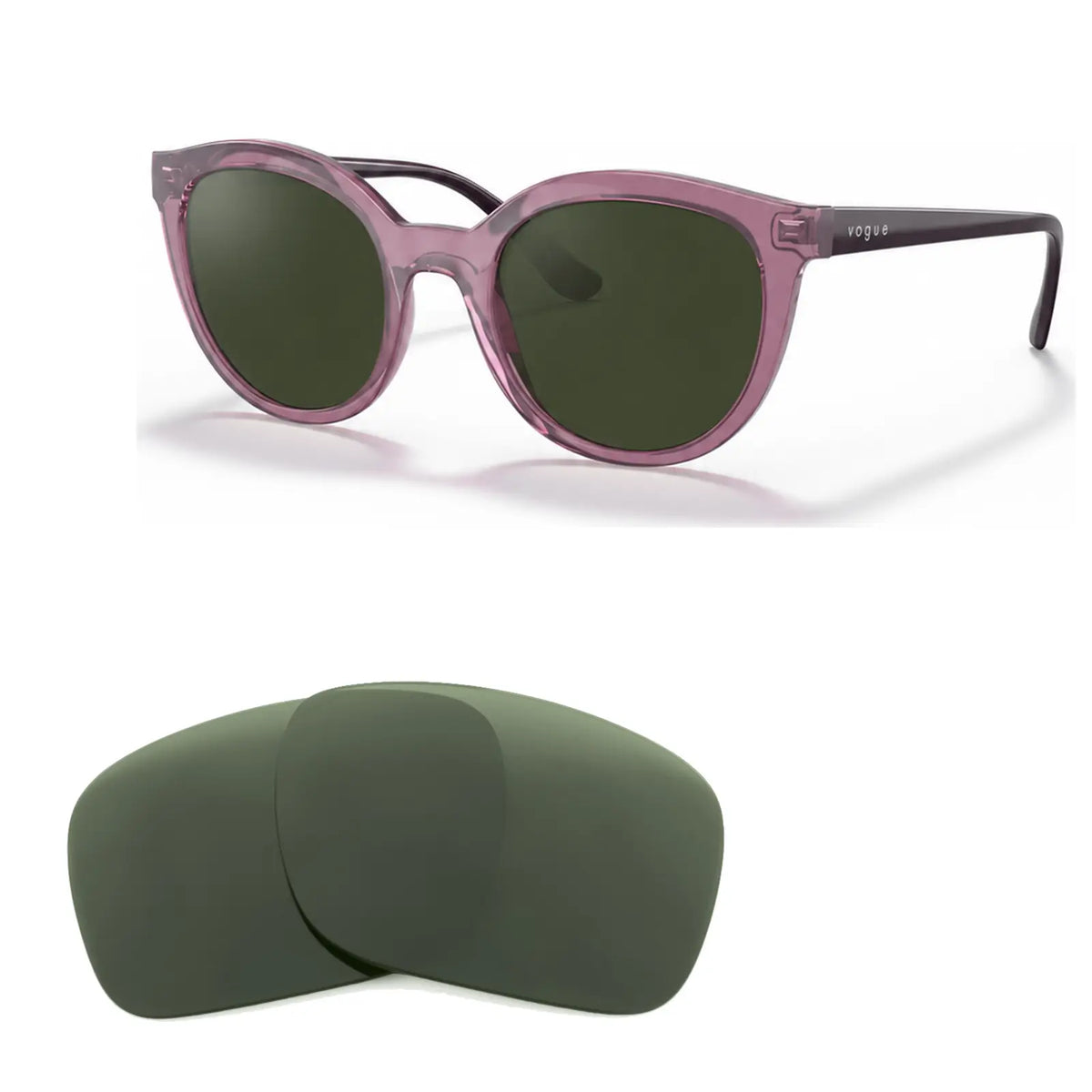 Vogue VO5427S replacement lenses in G15 green, angled view of the frame with the pair of lenses below · ReFramed