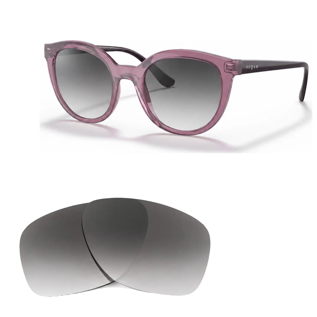 Vogue VO5427S replacement lenses in gradient gray, angled view of the frame with the pair of lenses below · ReFramed