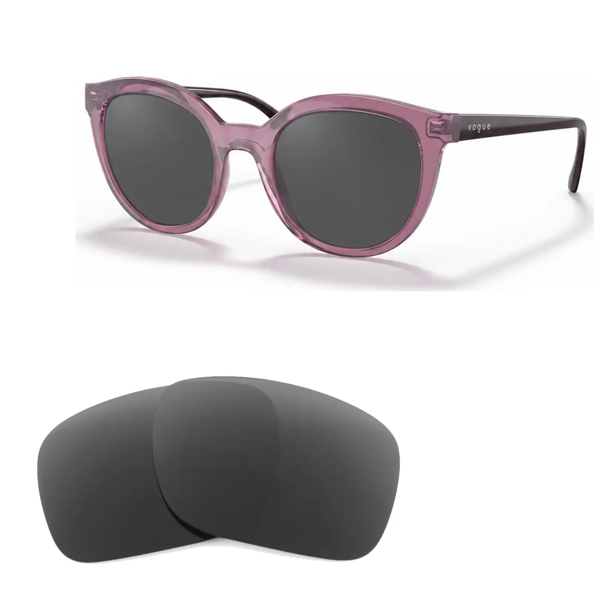 Vogue VO5427S replacement lenses in gray, angled view of the frame with the pair of lenses below · ReFramed