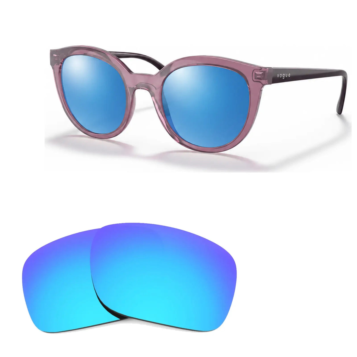 Vogue VO5427S replacement lenses in mirrored blue, angled view of the frame with the pair of lenses below · ReFramed