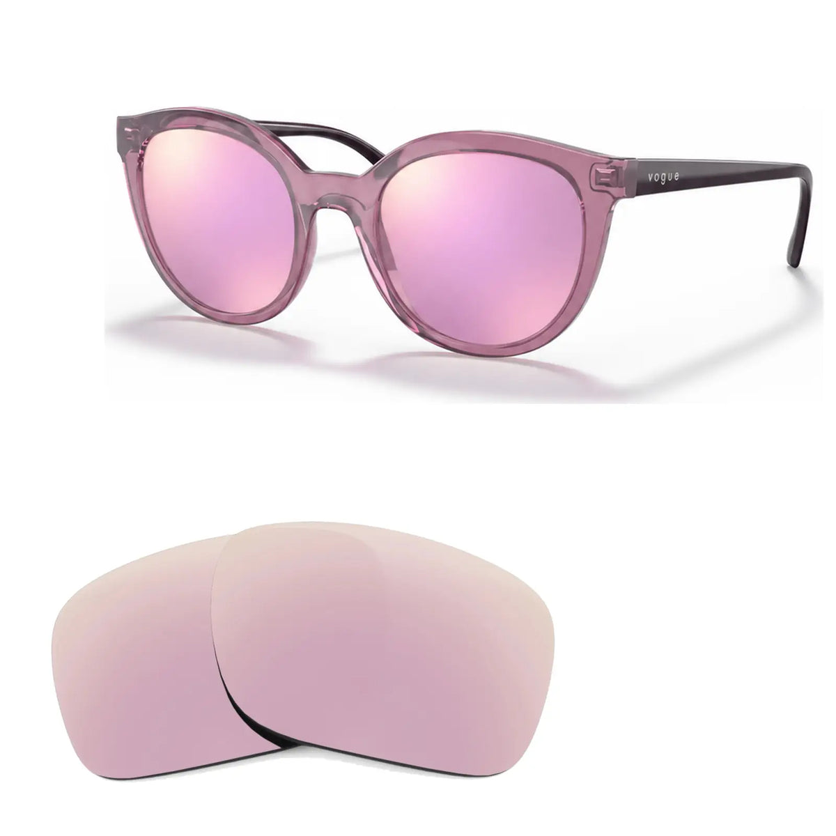 Vogue VO5427S replacement lenses in mirrored pink, angled view of the frame with the pair of lenses below · ReFramed