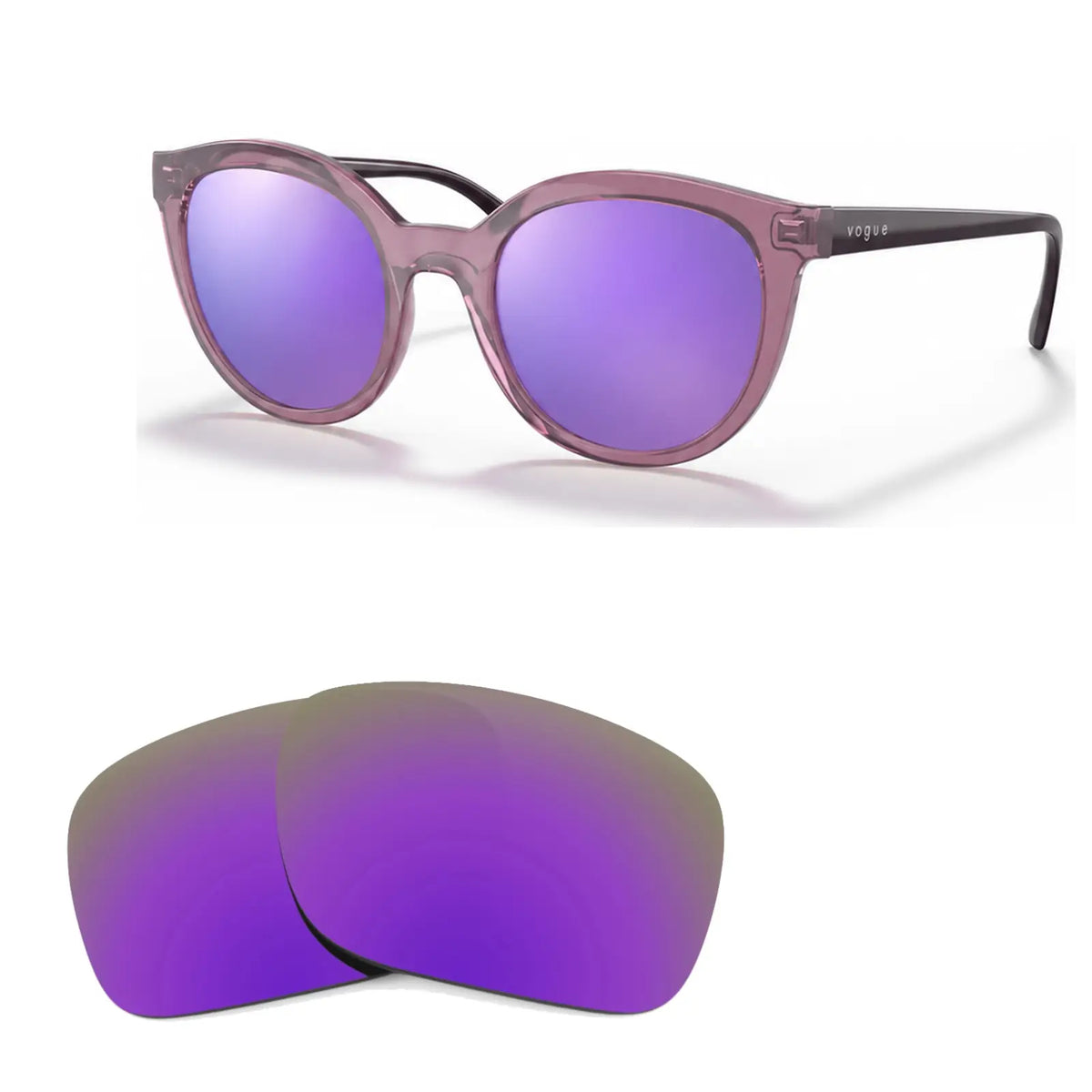 Vogue VO5427S replacement lenses in mirrored purple, angled view of the frame with the pair of lenses below · ReFramed