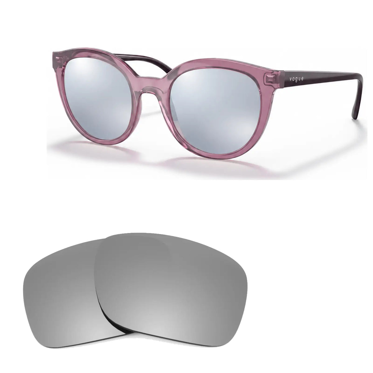 Vogue VO5427S replacement lenses in mirrored silver, angled view of the frame with the pair of lenses below · ReFramed