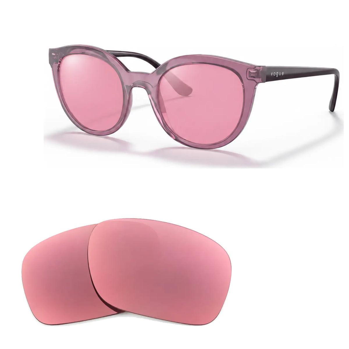Vogue VO5427S replacement lenses in pink, angled view of the frame with the pair of lenses below · ReFramed