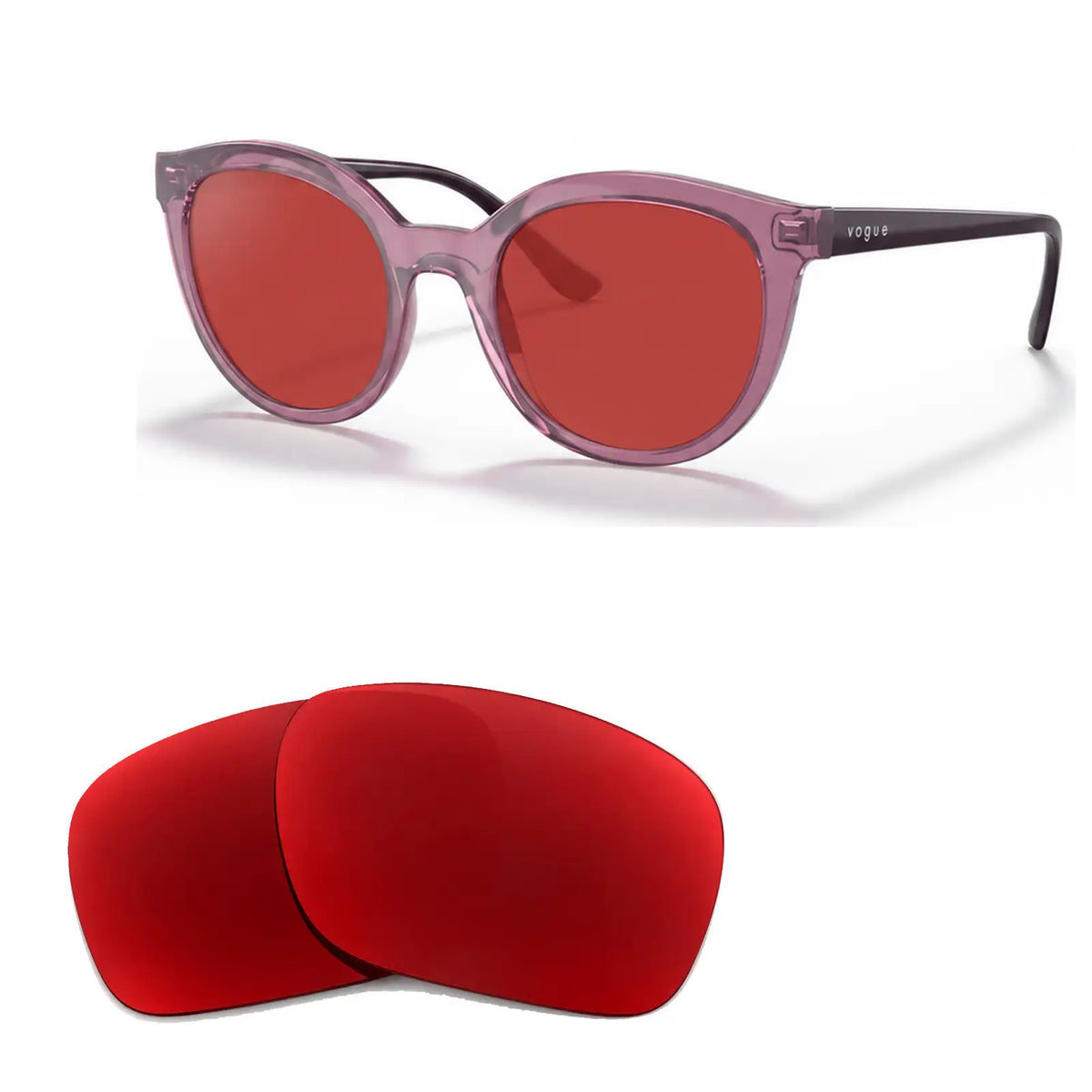 Vogue VO5427S replacement lenses in red, angled view of the frame with the pair of lenses below · ReFramed