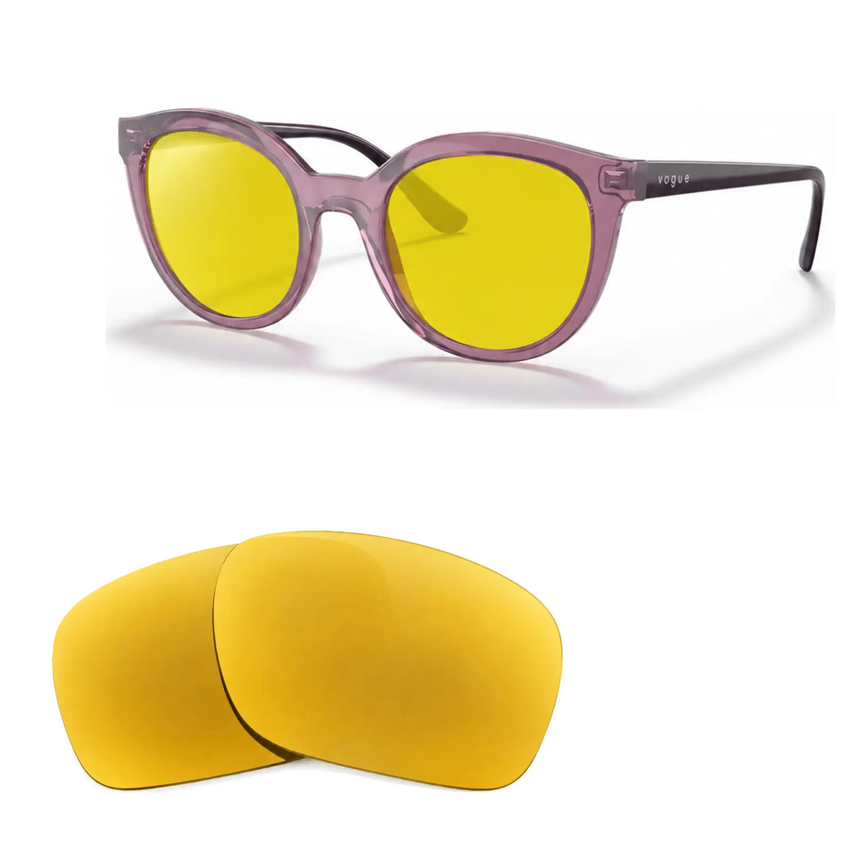 Vogue VO5427S replacement lenses in yellow, angled view of the frame with the pair of lenses below · ReFramed