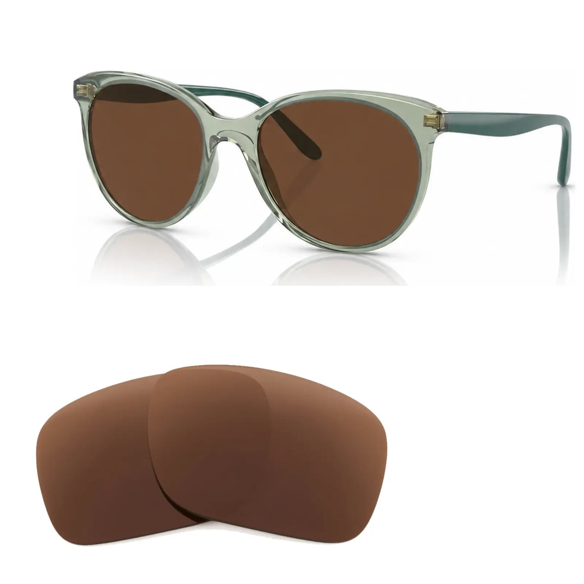 Vogue VO5453S replacement lenses in brown, angled view of the frame with the pair of lenses below · ReFramed