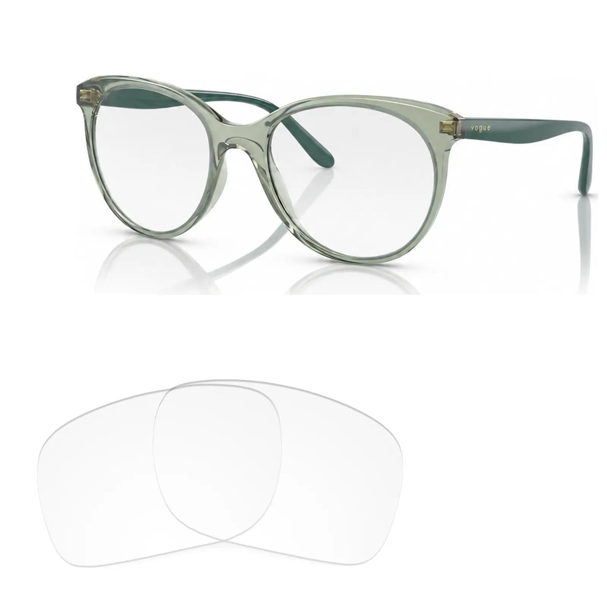 Vogue VO5453S replacement lenses in crystal clear, angled view of the frame with the pair of lenses below · ReFramed