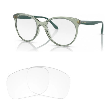 Vogue VO5453S replacement lenses in crystal clear, angled view of the frame with the pair of lenses below · ReFramed
