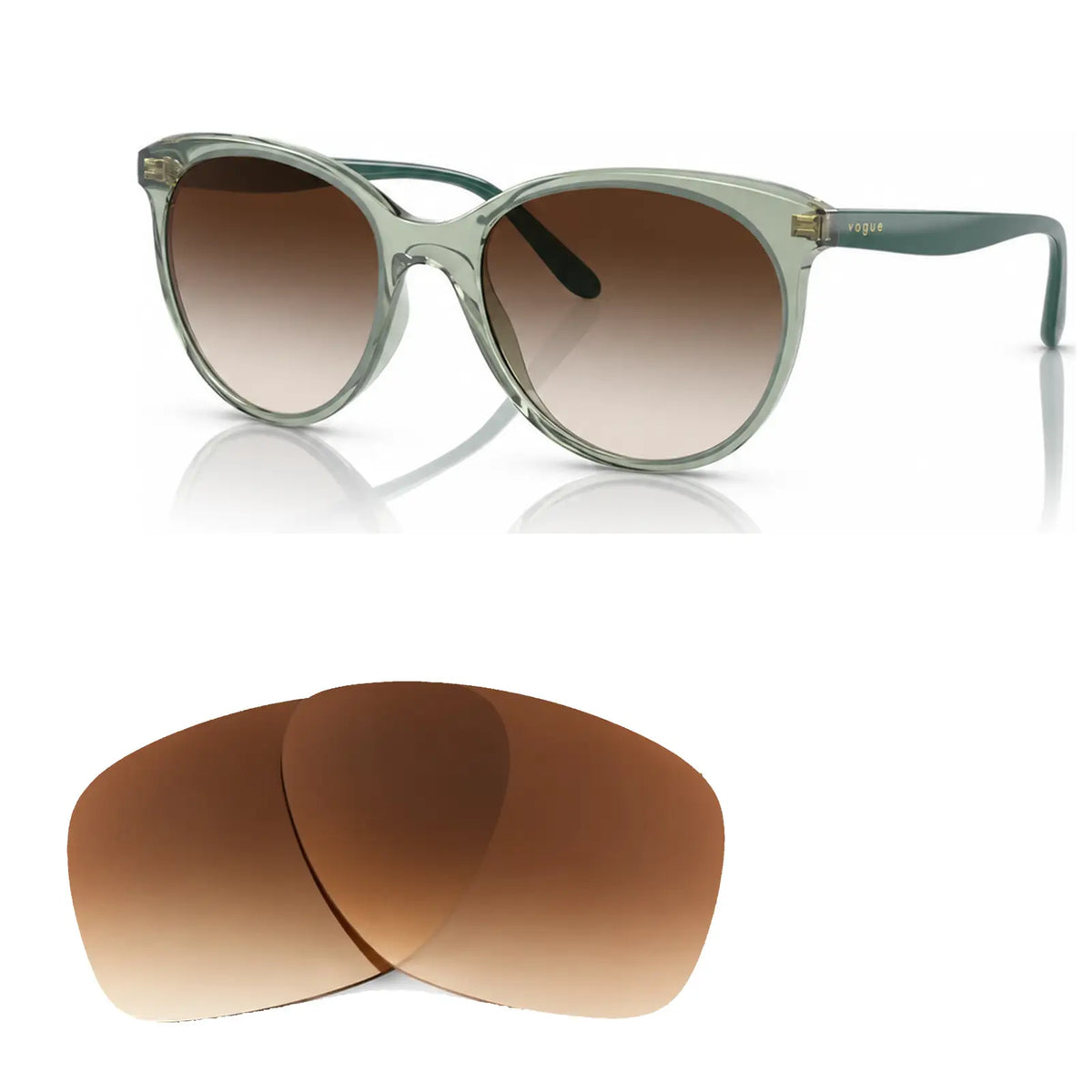 Vogue VO5453S replacement lenses in gradient brown, angled view of the frame with the pair of lenses below · ReFramed