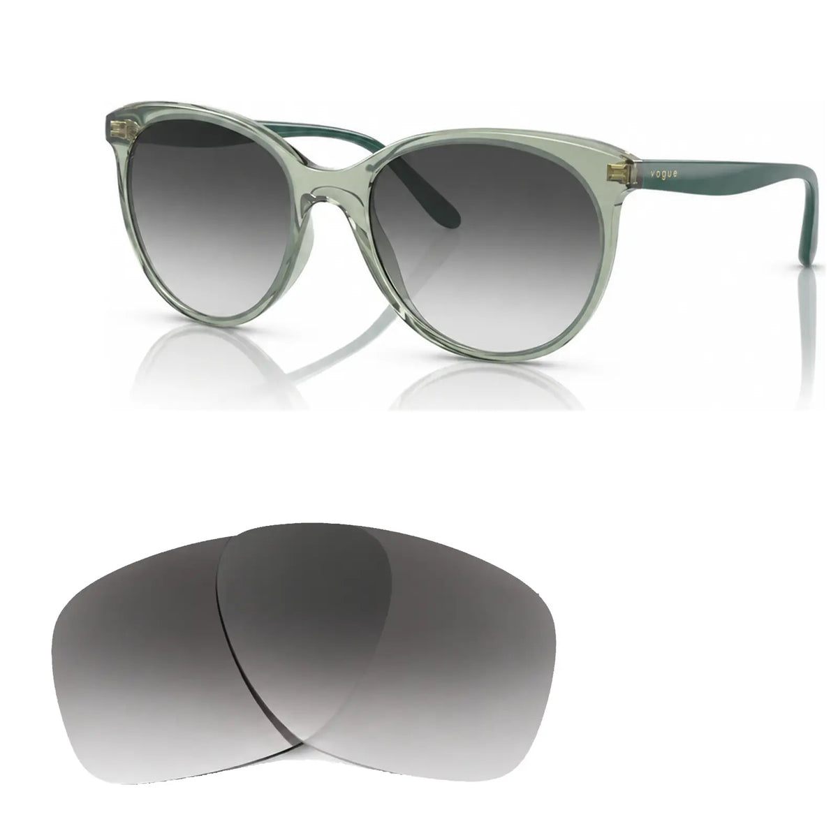 Vogue VO5453S replacement lenses in gradient gray, angled view of the frame with the pair of lenses below · ReFramed