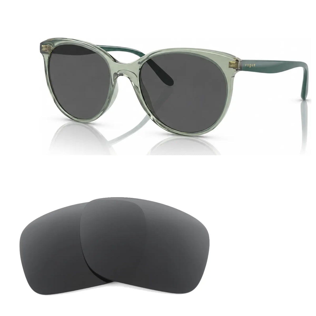 Vogue VO5453S replacement lenses in gray, angled view of the frame with the pair of lenses below · ReFramed