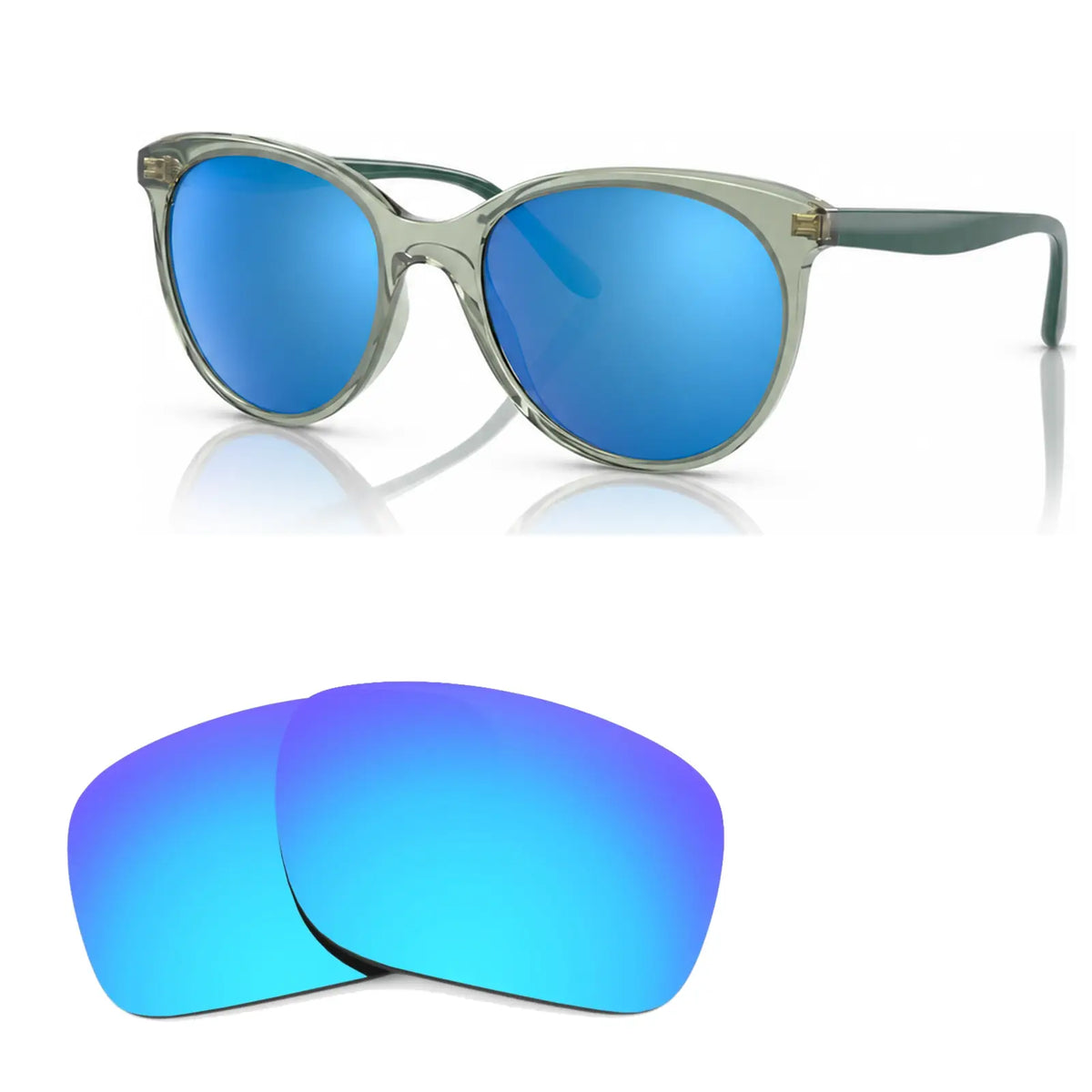Vogue VO5453S replacement lenses in mirrored blue, angled view of the frame with the pair of lenses below · ReFramed