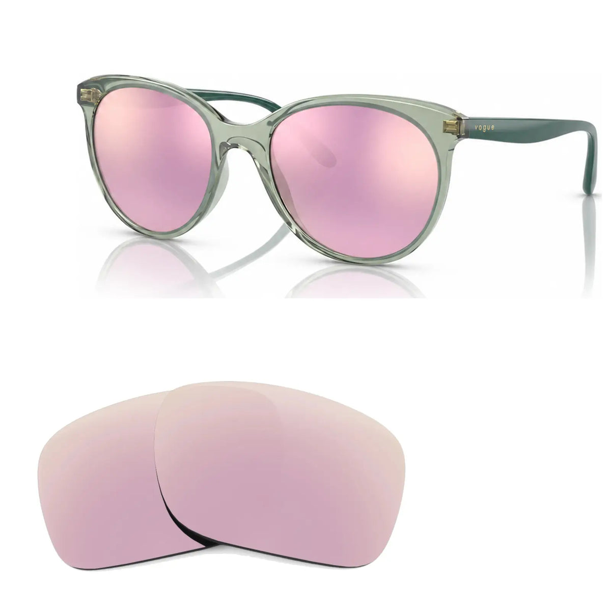 Vogue VO5453S replacement lenses in mirrored pink, angled view of the frame with the pair of lenses below · ReFramed