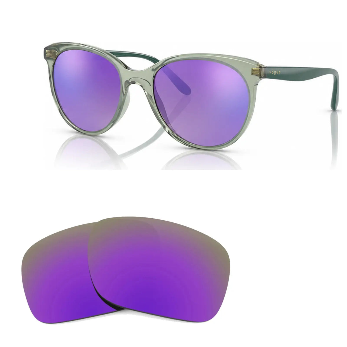 Vogue VO5453S replacement lenses in mirrored purple, angled view of the frame with the pair of lenses below · ReFramed