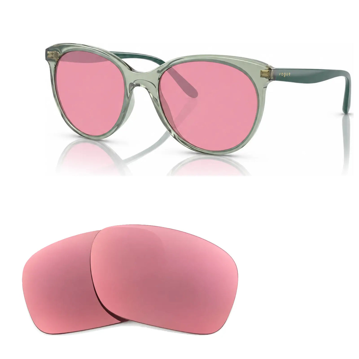 Vogue VO5453S replacement lenses in pink, angled view of the frame with the pair of lenses below · ReFramed