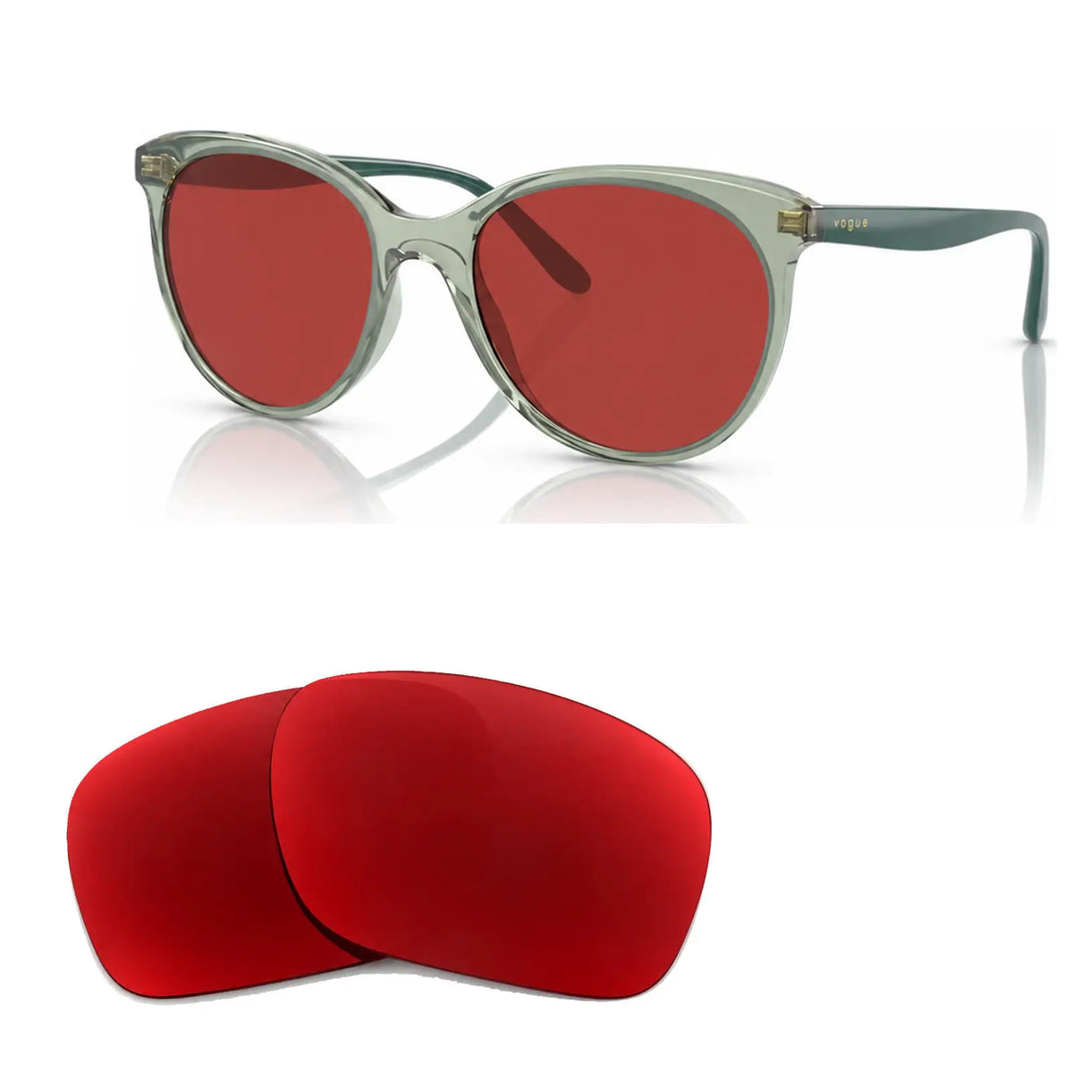 Vogue VO5453S replacement lenses in red, angled view of the frame with the pair of lenses below · ReFramed