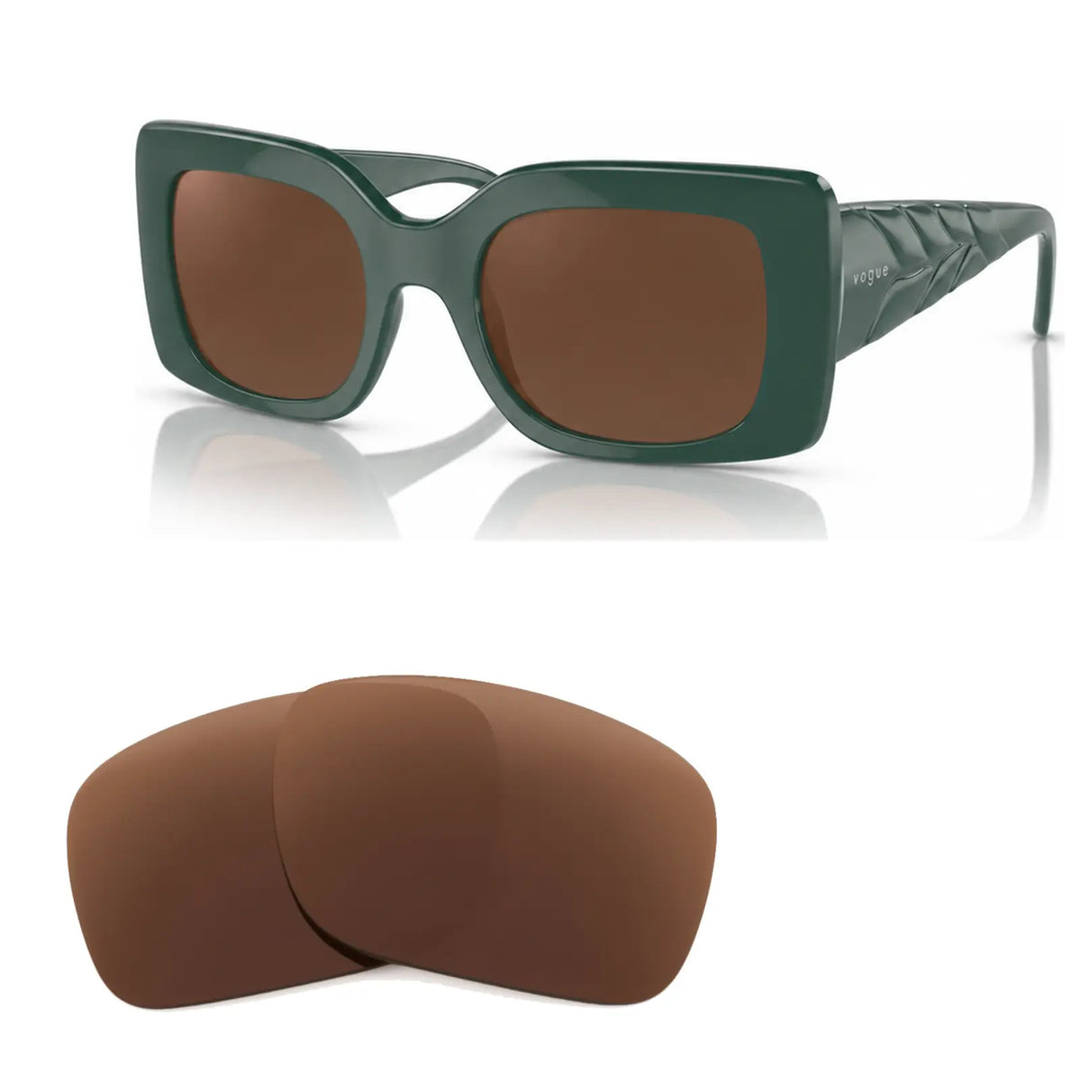 Vogue VO5481S replacement lenses in brown, angled view of the frame with the pair of lenses below · ReFramed
