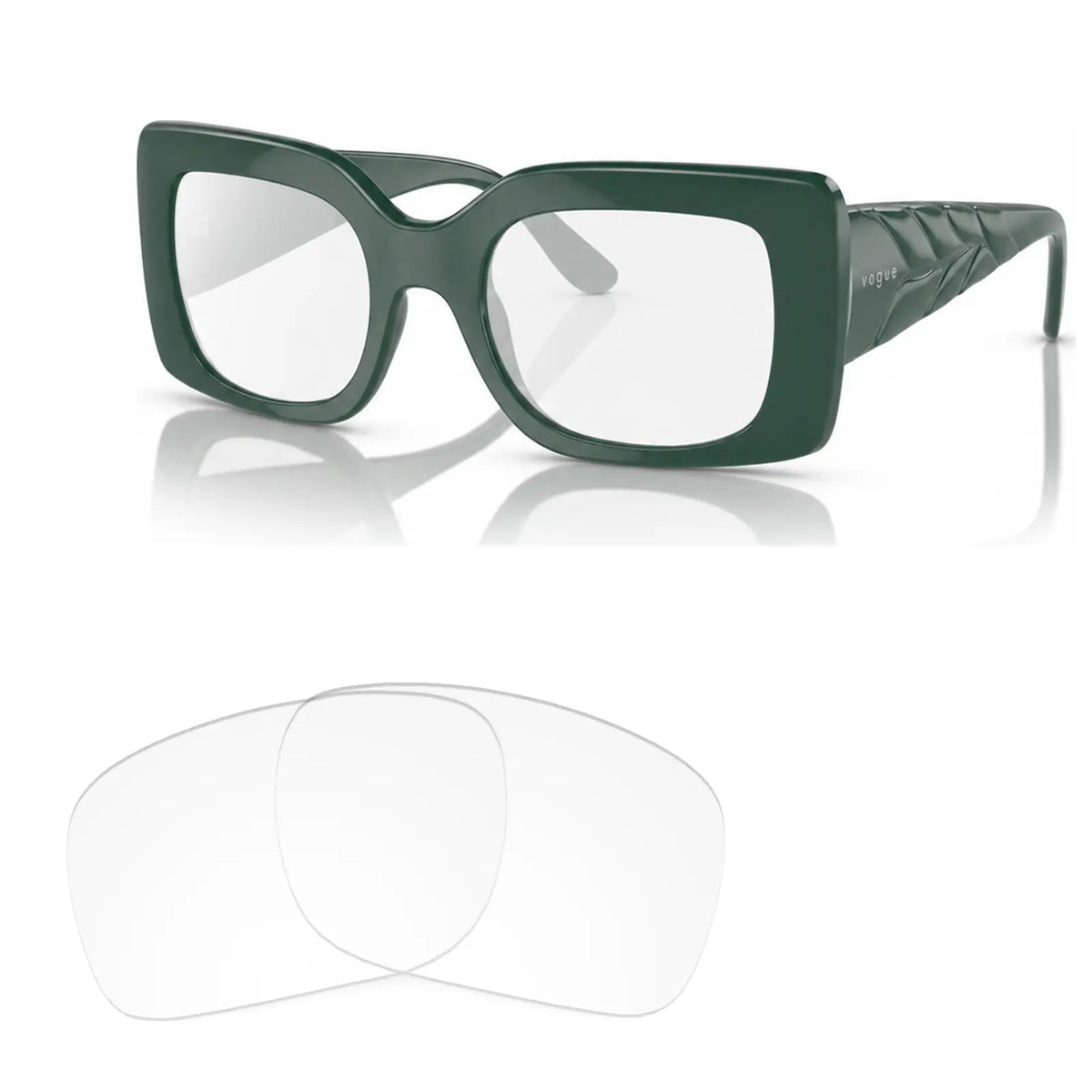 Vogue VO5481S replacement lenses in crystal clear, angled view of the frame with the pair of lenses below · ReFramed