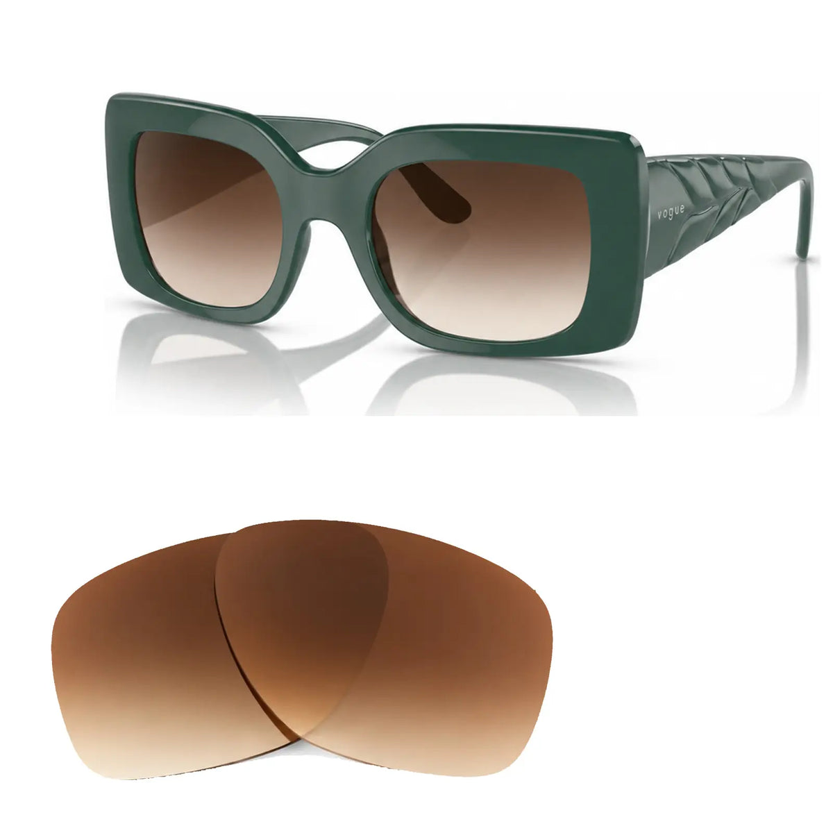 Vogue VO5481S replacement lenses in gradient brown, angled view of the frame with the pair of lenses below · ReFramed