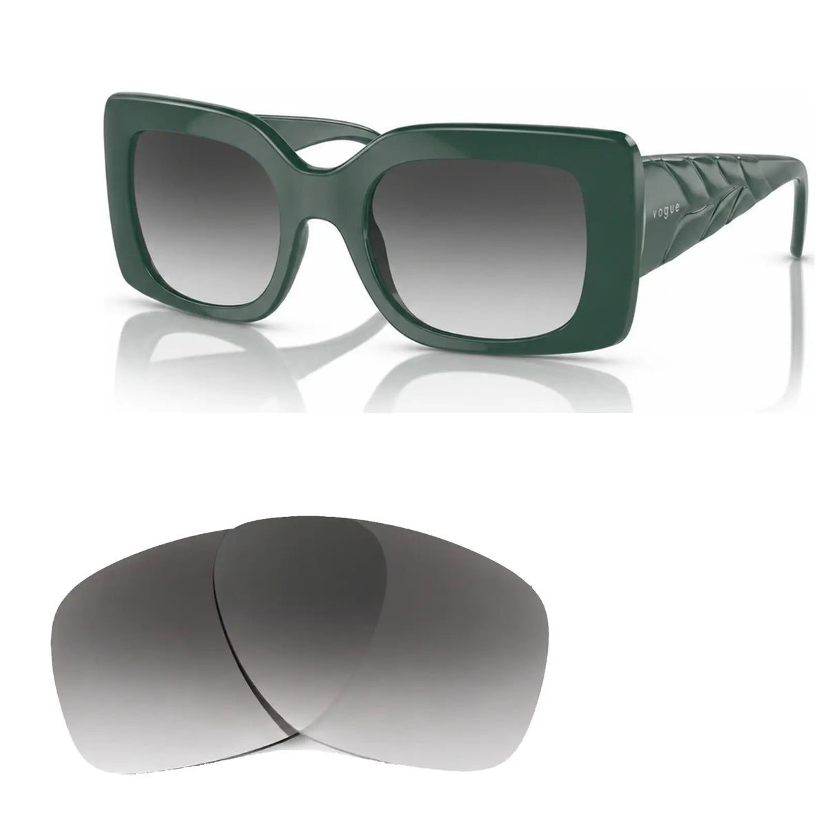 Vogue VO5481S replacement lenses in gradient gray, angled view of the frame with the pair of lenses below · ReFramed