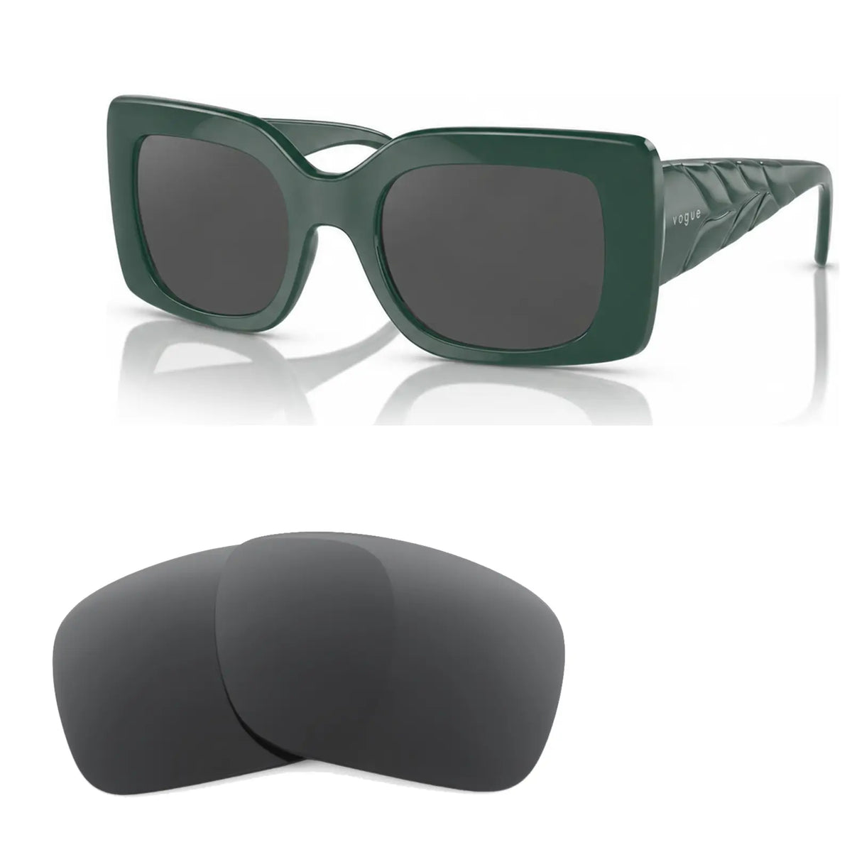 Vogue VO5481S replacement lenses in gray, angled view of the frame with the pair of lenses below · ReFramed