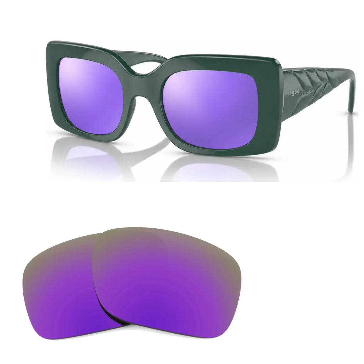 Vogue VO5481S replacement lenses in mirrored purple, angled view of the frame with the pair of lenses below · ReFramed