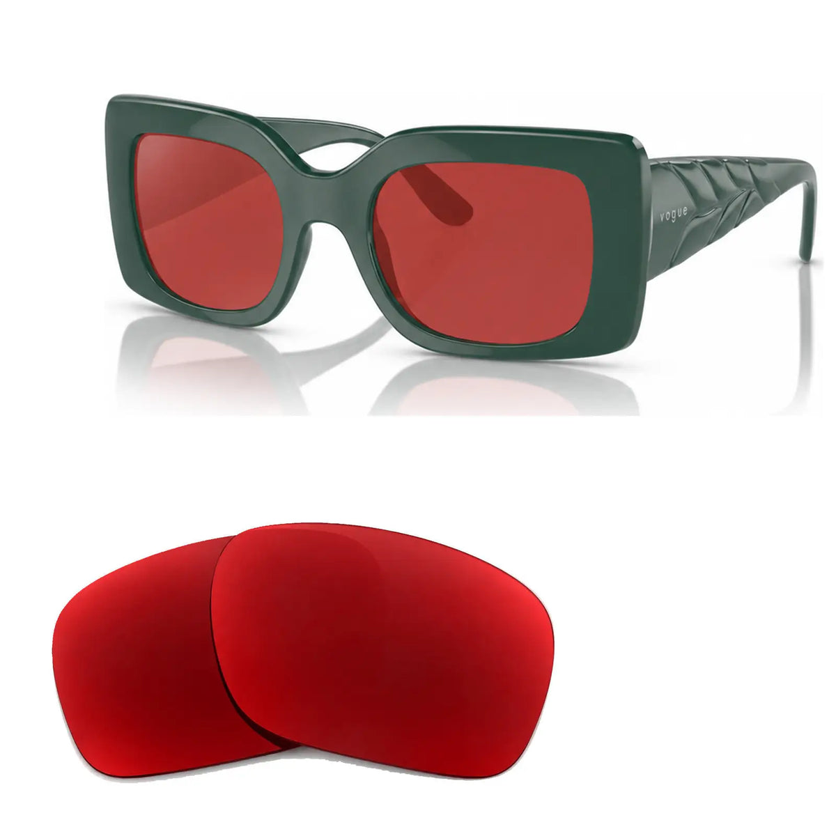 Vogue VO5481S replacement lenses in red, angled view of the frame with the pair of lenses below · ReFramed