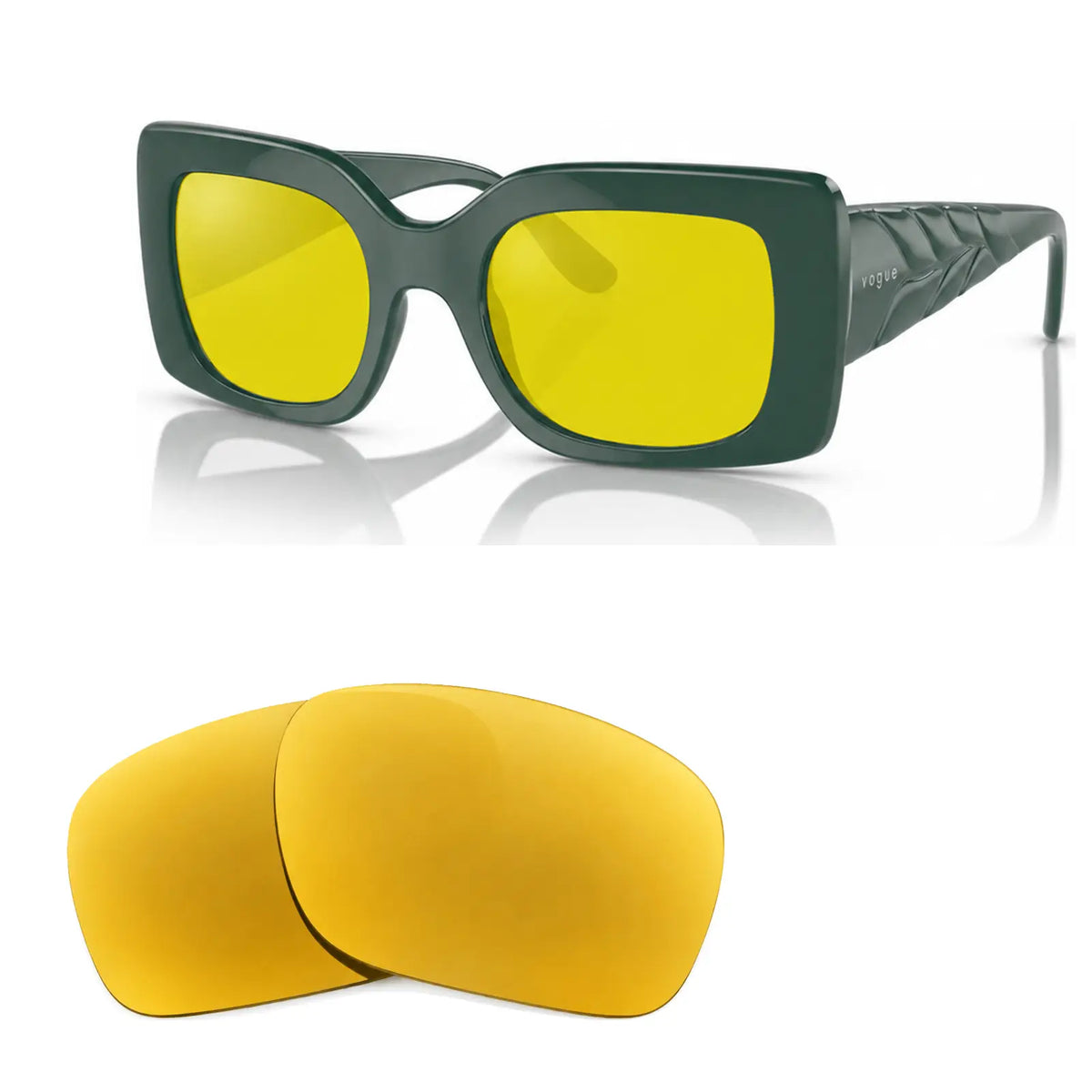 Vogue VO5481S replacement lenses in yellow, angled view of the frame with the pair of lenses below · ReFramed