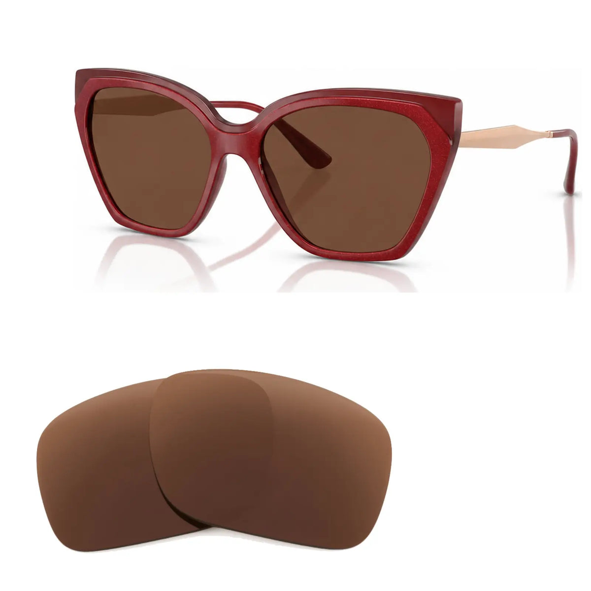 Vogue VO5521S replacement lenses in brown, angled view of the frame with the pair of lenses below · ReFramed