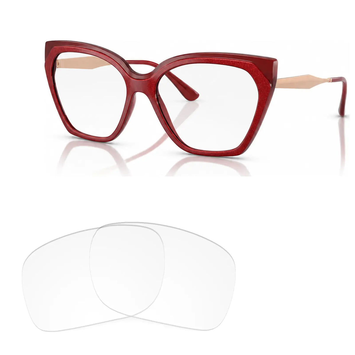 Vogue VO5521S replacement lenses in crystal clear, angled view of the frame with the pair of lenses below · ReFramed