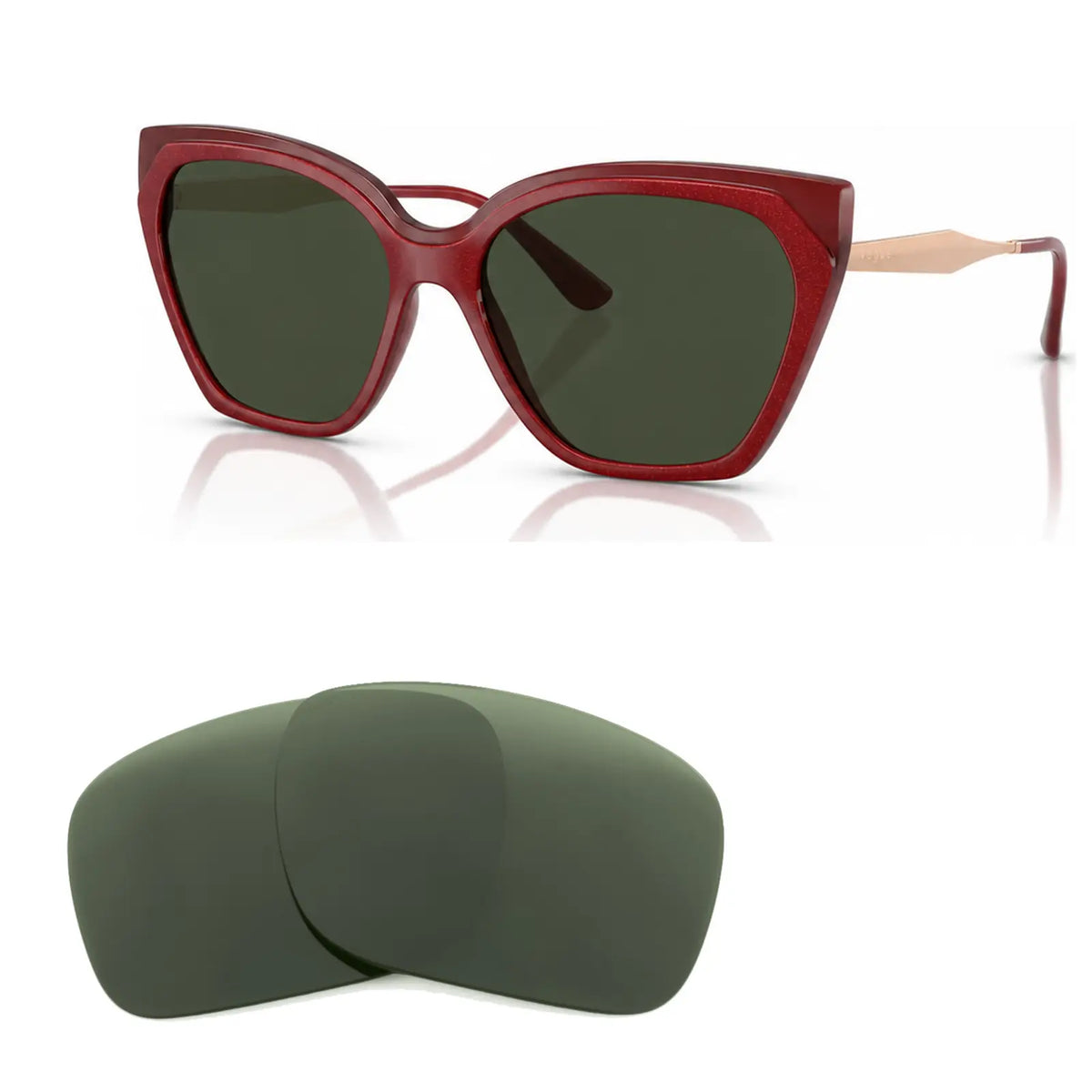 Vogue VO5521S replacement lenses in G15 green, angled view of the frame with the pair of lenses below · ReFramed
