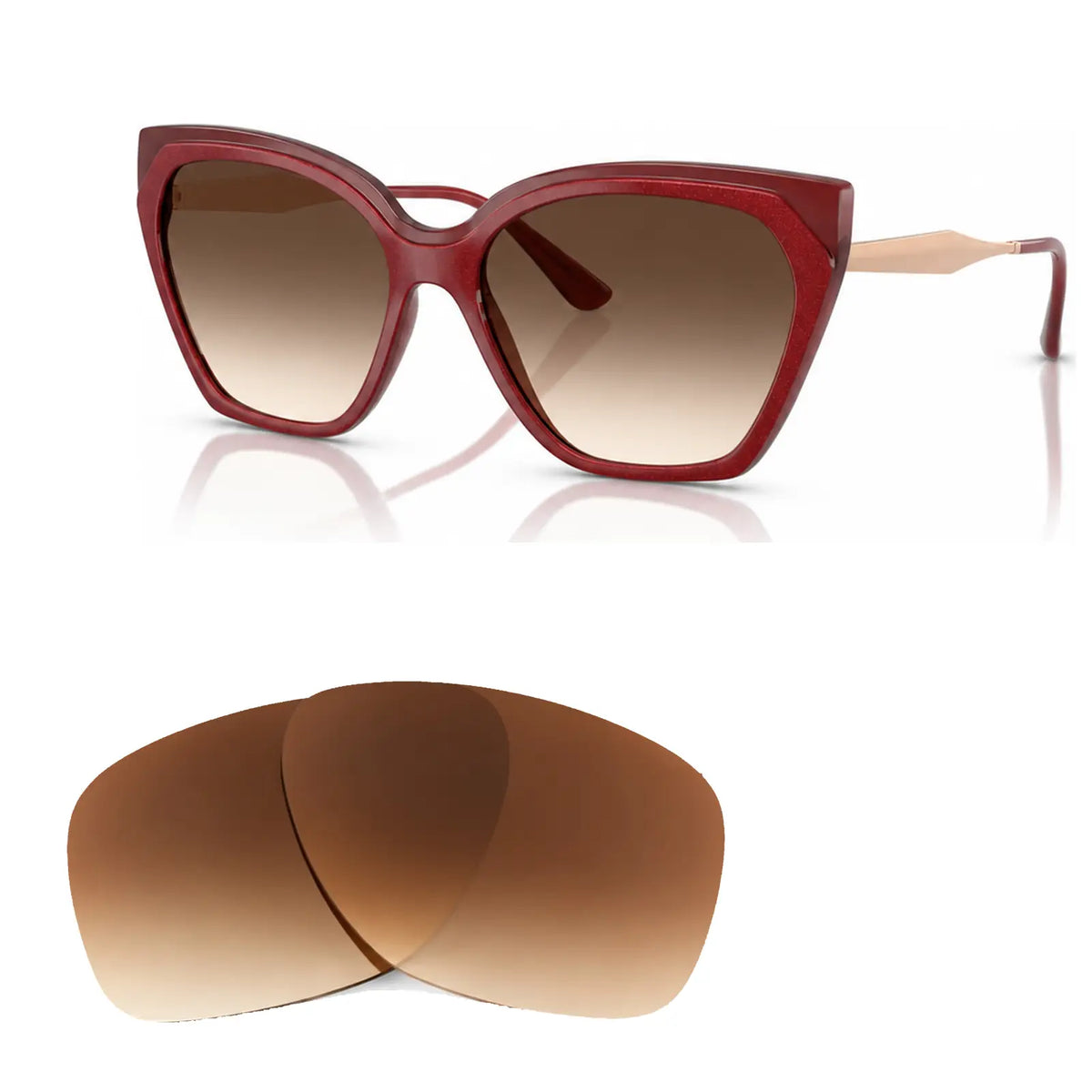 Vogue VO5521S replacement lenses in gradient brown, angled view of the frame with the pair of lenses below · ReFramed