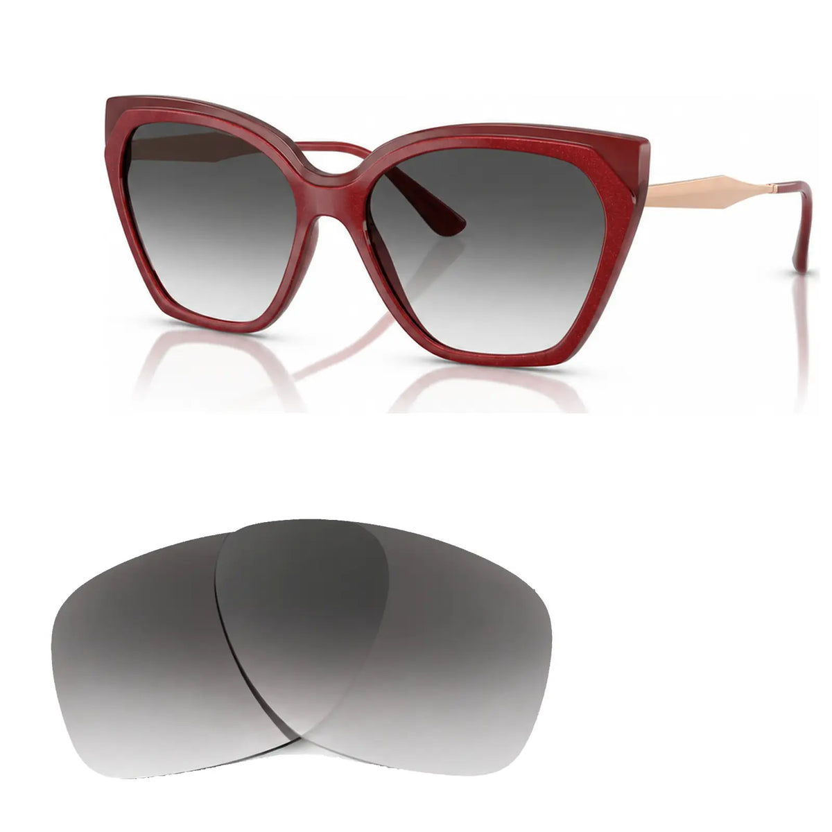Vogue VO5521S replacement lenses in gradient gray, angled view of the frame with the pair of lenses below · ReFramed