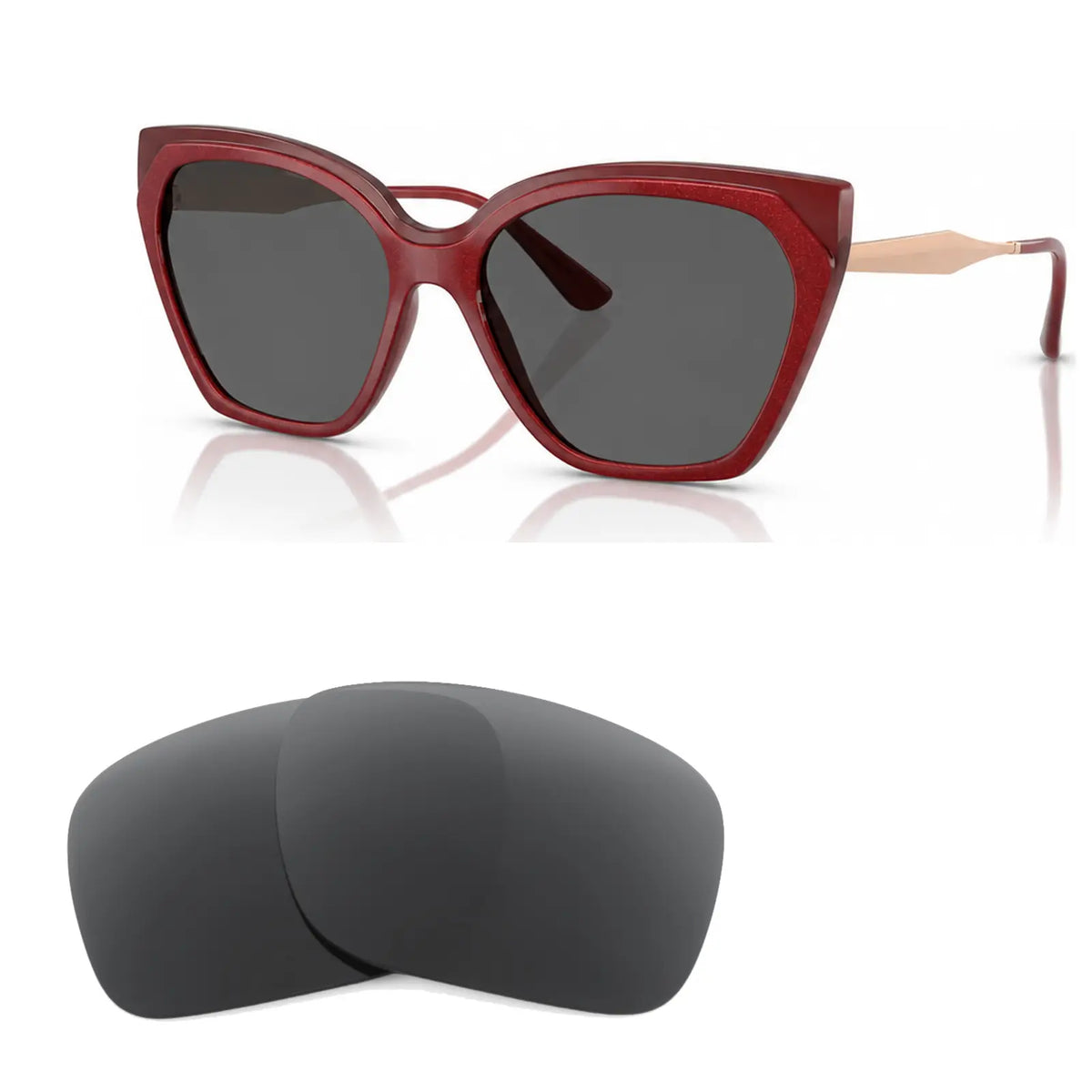 Vogue VO5521S replacement lenses in gray, angled view of the frame with the pair of lenses below · ReFramed